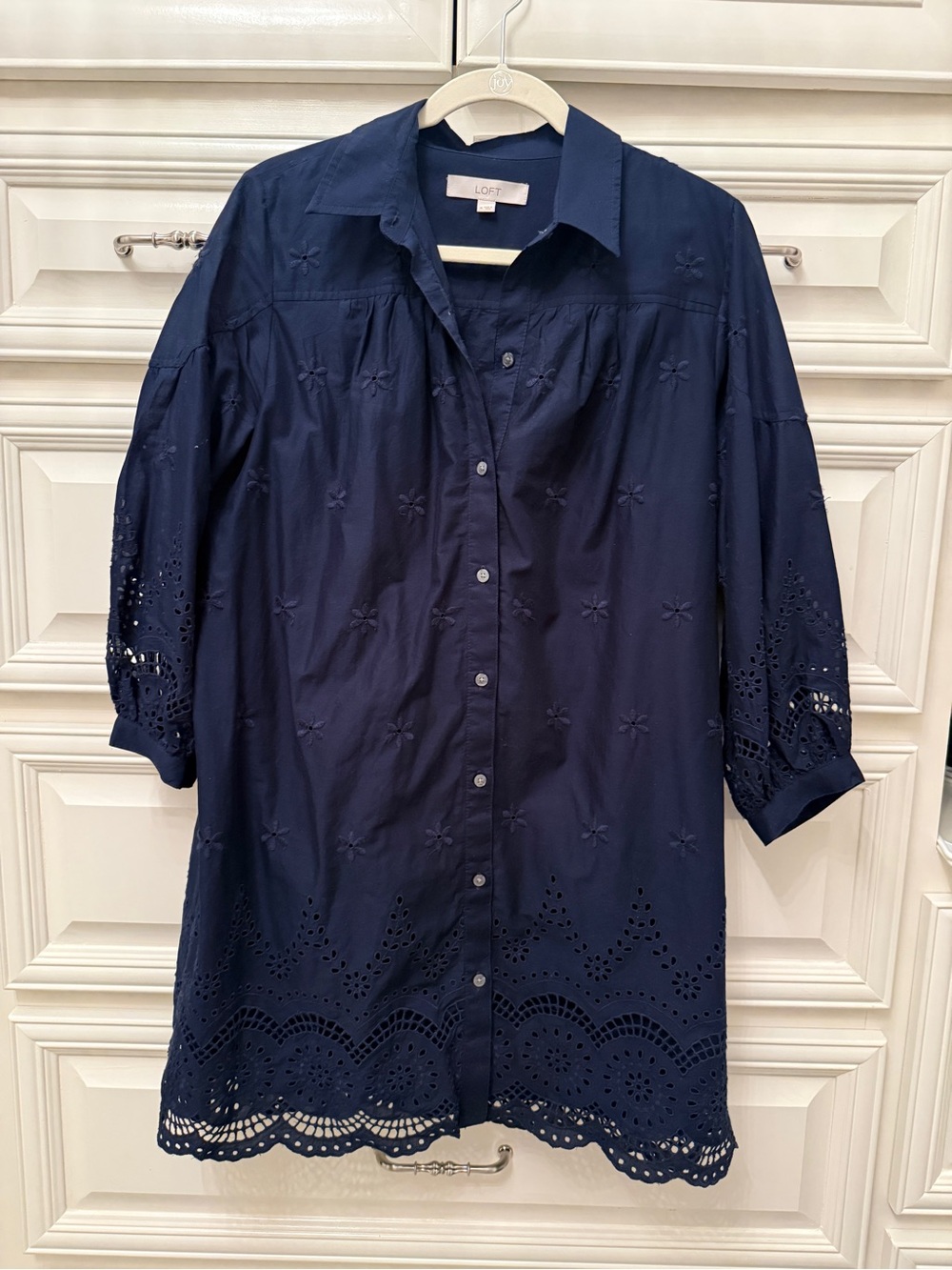 LOFT Navy Eyelet Button-Front Long Sleeve Dress